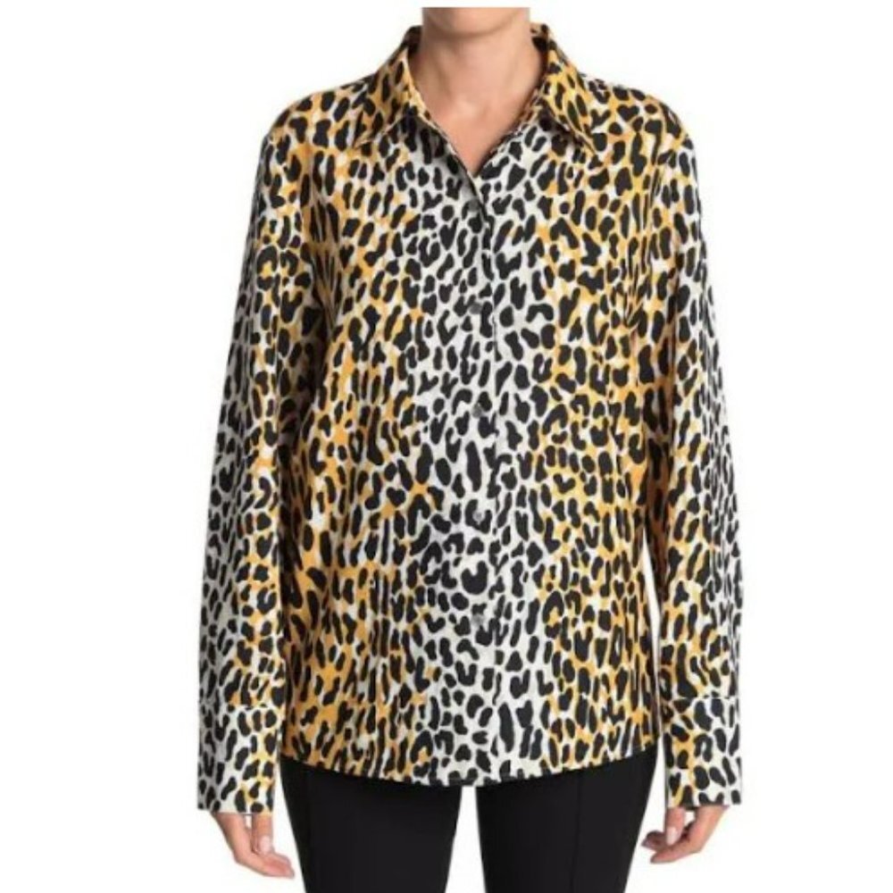 St John Collection Satin Back Leopard Print Black Gold Shirt Blouse Top Size M
